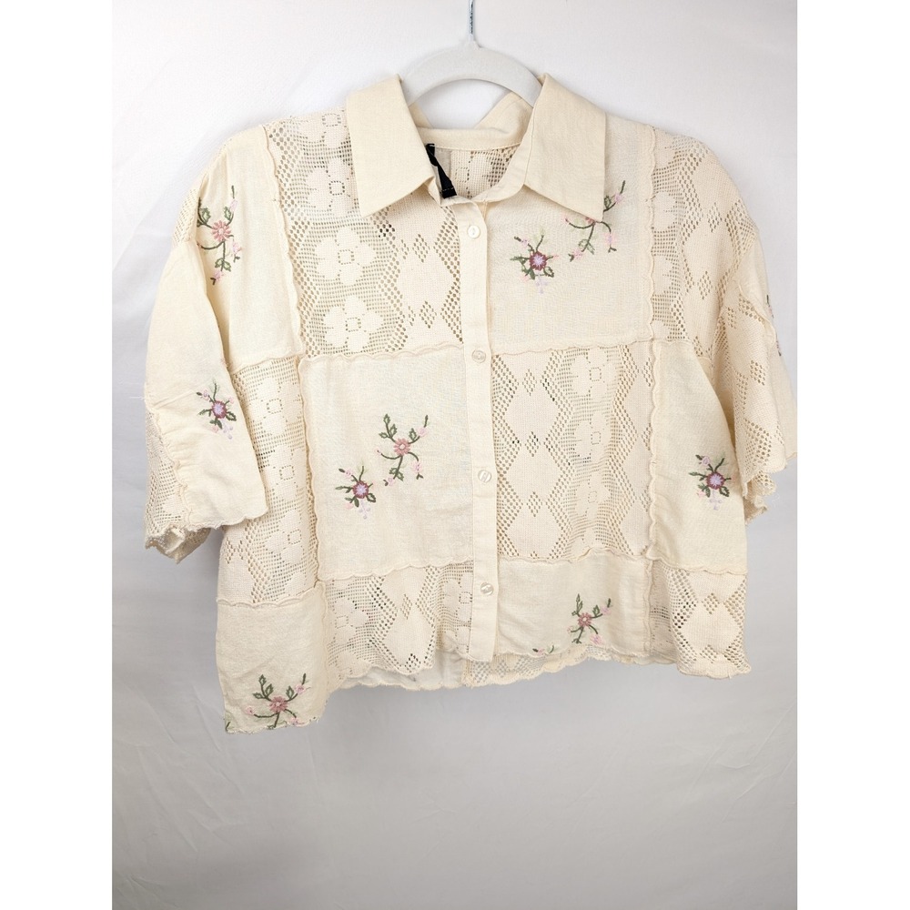 Zara Patchwork Crochet Floral Embroidered Button Shirt Sz XS Cottagecore Granola - Picture 2 of 9